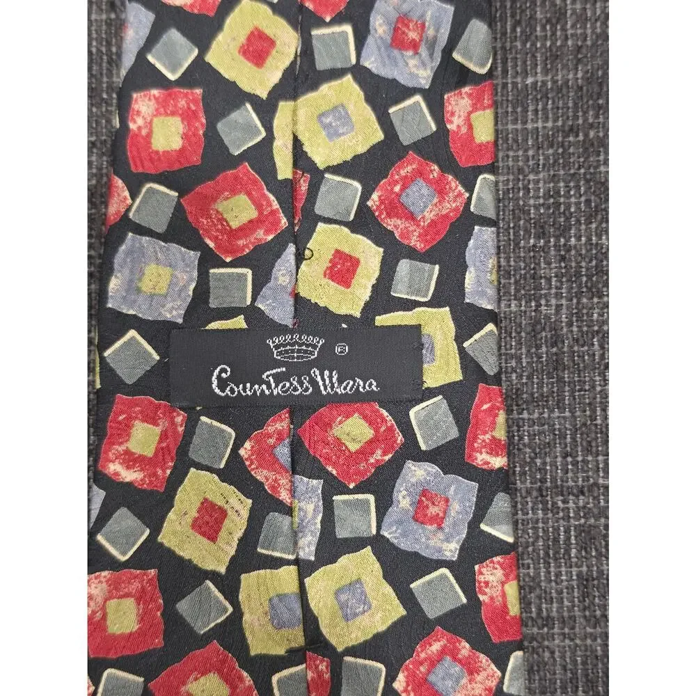 VTG Countess Mara Impressions Silk Tie Abstract Geometric Mosaic Red Yellow